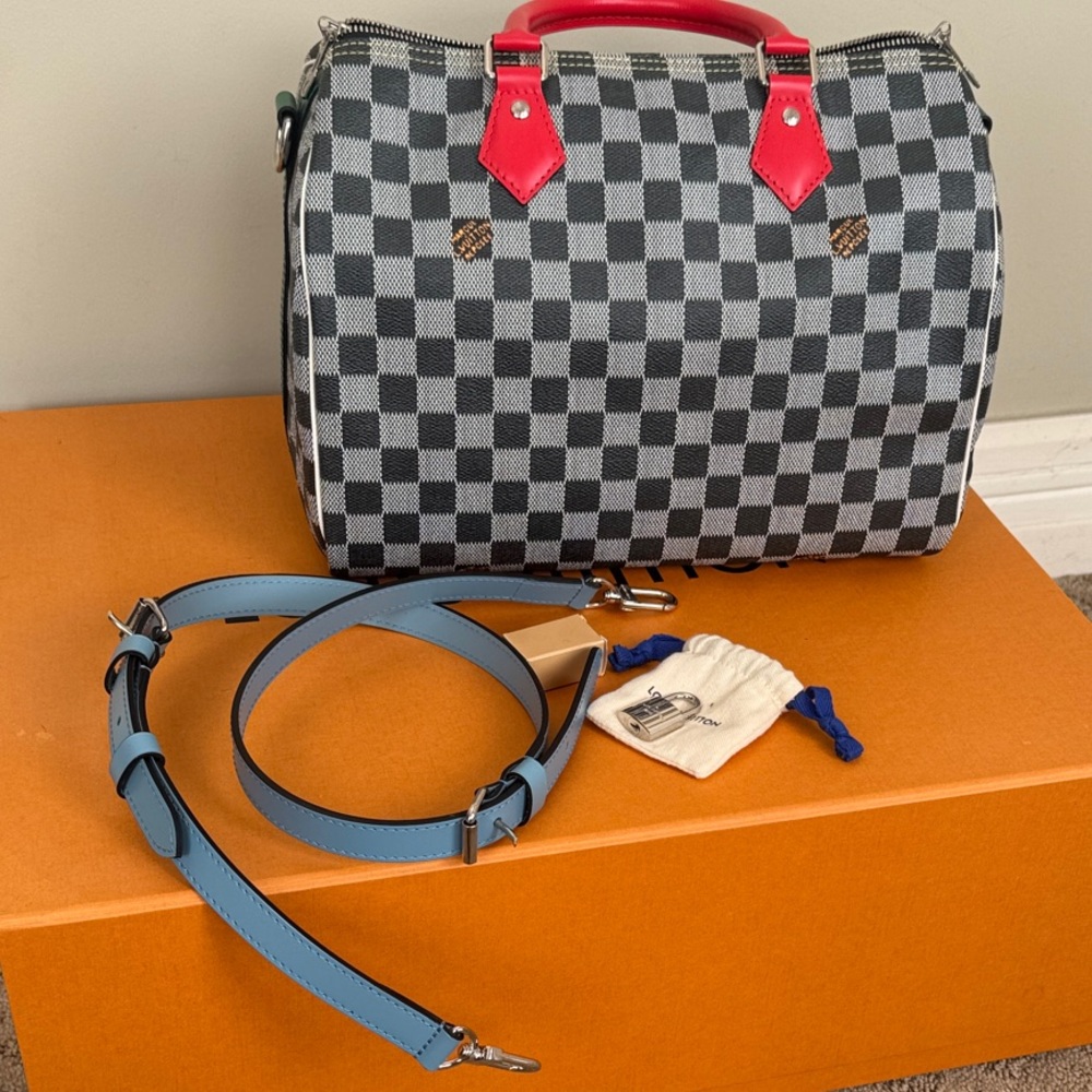 Checkered Handbag with Red Accents